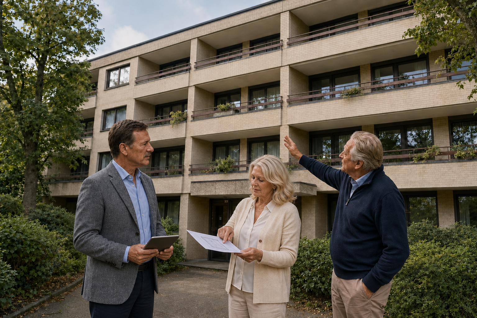 Persönliche Beratung vor Ort vor einem Mehrfamilienhaus