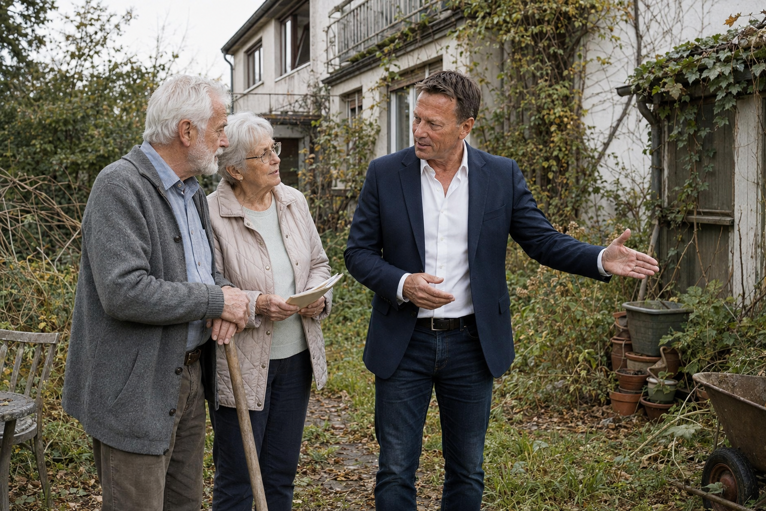 Älteres Ehepaar im Gespräch mit einem Berater vor ihrem verwilderten Grundstück